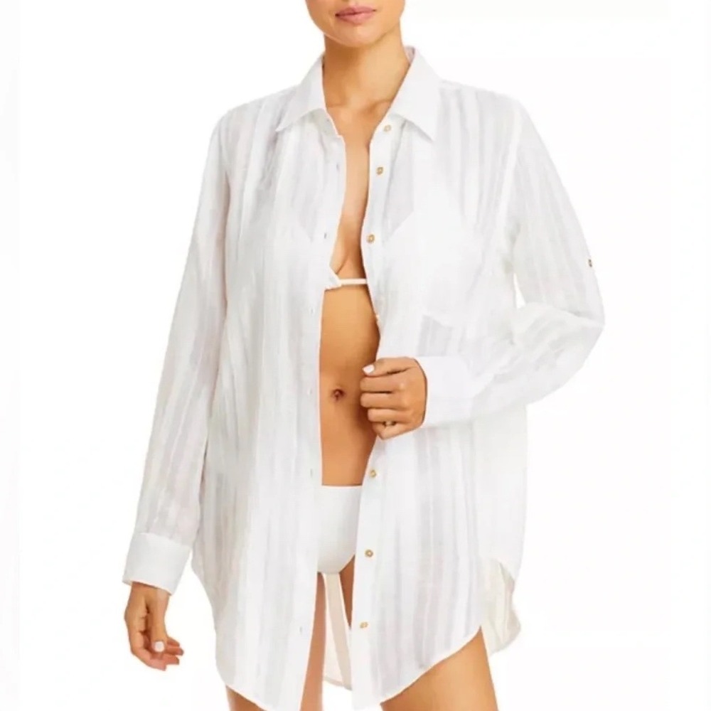 Solid & Striped Womens White Coverup Button Down Shirt, Medium Cotton Blend‎